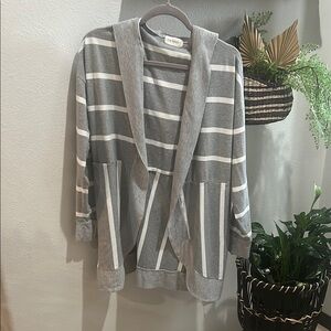 The Nines Gray and White Striped Hooded Cardigan with Relaxed Fit